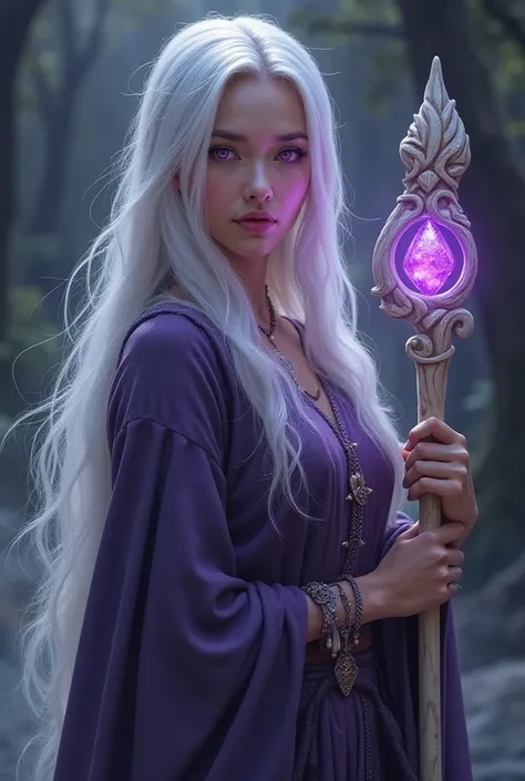  Create an RPG character ,  woman of medium height with long, silver hair that shines like the moon. Intense purple eyes ,  almost translucent ,  that reflect his connection to magical energies .  He wears an elegant tunic ,  adorned with ancient purple ru...