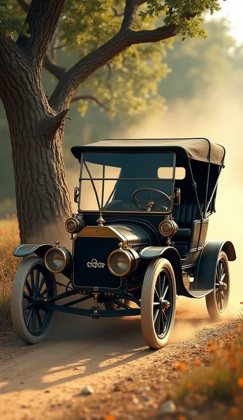 "an old car,  model Benz Patent-Motorwagen ,  crashing into a tree in slow motion.  The car is black and has a vintage design .  The scene takes place on a dirt road ,  with dust lifting on impact .  realistic style ,  vibrant colors, Focus on the moment o...