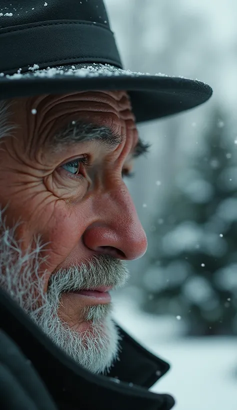 An eye of an old man in the park with Christmas trees without people. 