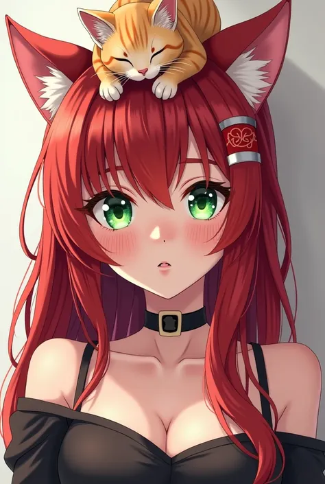  anime girl with red hair and green eyes with a cat on her head, anime style portrait, anime moe art style, Cute and sexy portrait of an anime girl, Cute anime girl naughty expression,  realistic kawaii portrait ,  Anime girl with cat ears , Sexy cute anim...