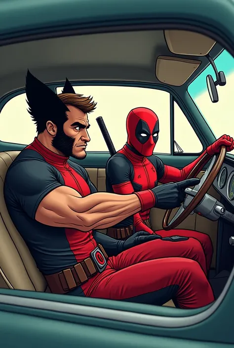 Wolverine e Deadpool em formato de cartoon em um carro, Wolverine driving is Deadpool talking endlessly next to you 