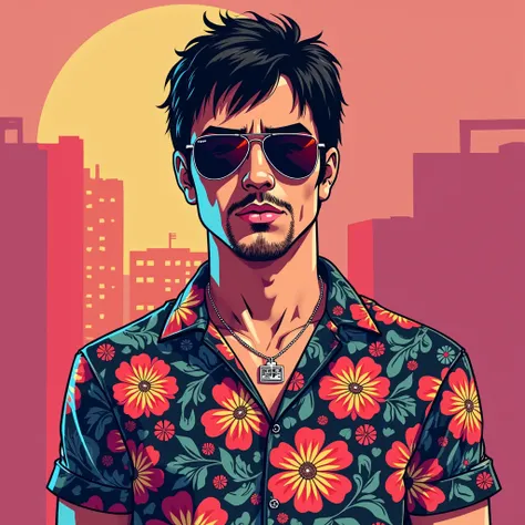 A character for a YouTube channel about the artificial intelligence art style of GTA Vice City, a mobster with a scarface Tony Montana style flower shirt and luxury sunglasses hand drawn minimalist style face similar to Scarface's Tony Montana without bear...