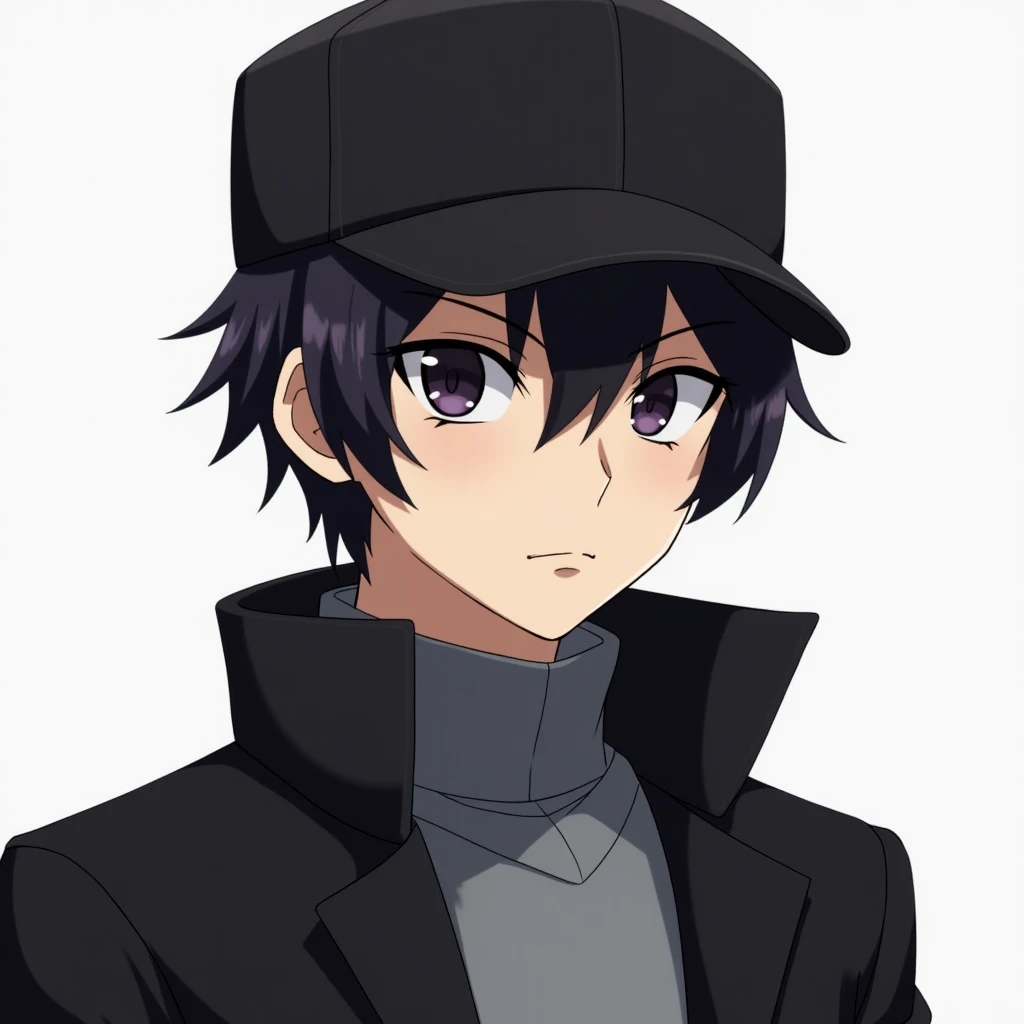 Young man. Short black hair, bangs framing his face. Wearing a black basketball cap. Dark Purple eyes. Wearing a long, high-collared black jacket over a gray turtleneck sweater. Serious Expression. Anime.