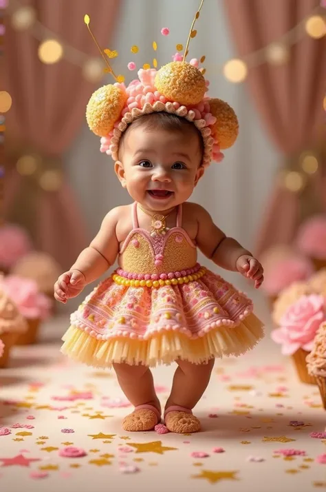  Create a scene in which a smiling and adorable baby is wearing a dress made with candy from the brigadeiro party inside the brigadeiro plates, The brigadeiros with confetti decorated with embossed confetti ,  and on the baby's head an ornament of brigadei...