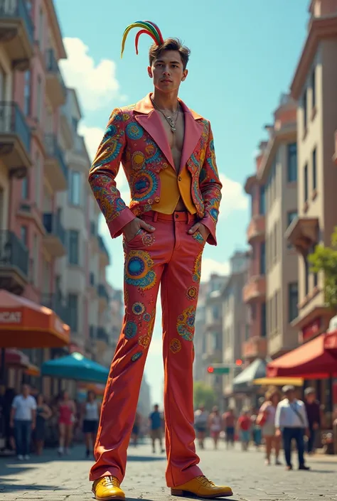 man, 25 years, colorful circus clothes, On stilts, in the street