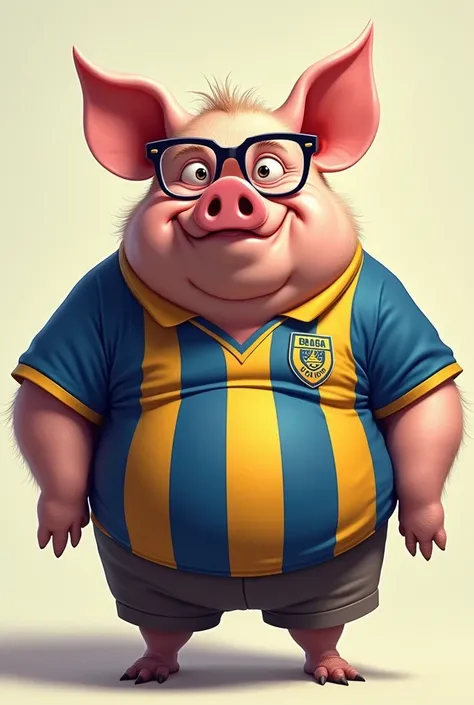 A super fat pig wearing the Boca Juniors sports club t-shirt and wearing glasses