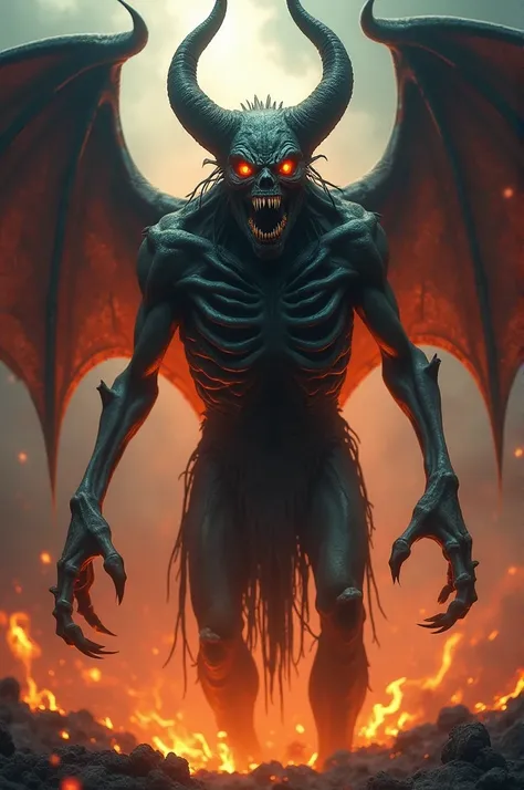 " A demonic creature with a distorted human body,  dark, scaly skin ,  glowing eyes without pupils and sharp teeth .  She has giant bat wings , curved horns,  and an aura of intense fire surrounding .  The figure is monstrous and imposing ,  with hybrid an...