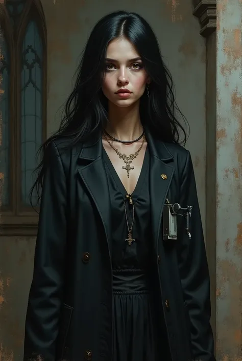 Gothic painting of a female doctor,  black hair,  brown eyes, Olive skin 