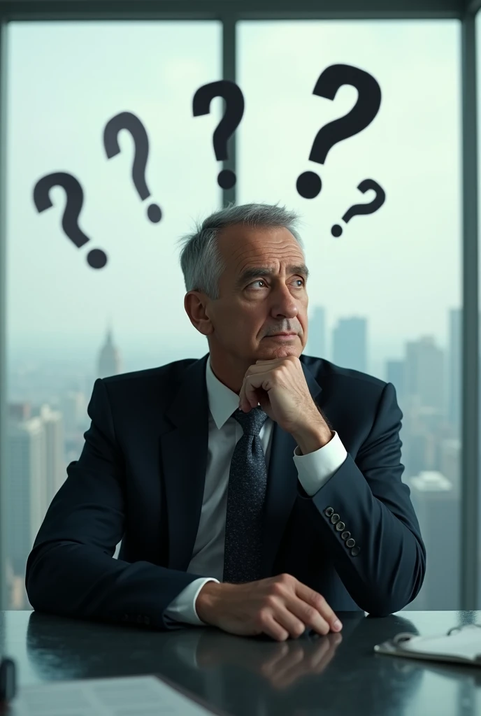 A businessman thinking with question marks 