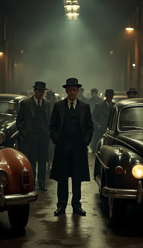 many classic car in a video with a men in peaky blinders scene 