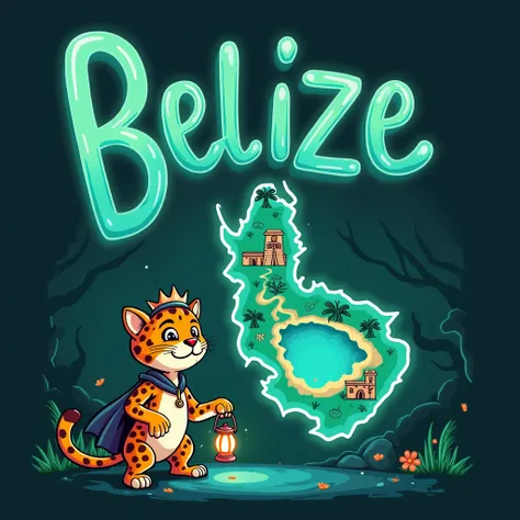 "A playful yet spooky cartoon-style illustration of Belize designed for s, with a plain or transparent background for easy removal. A glowing, simplified map of Belize is outlined in bold turquoise and dark green, featuring iconic landmarks like the Great ...