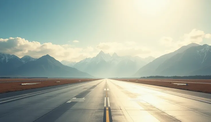 high definition, masterpiece, high resolution, the runway of an airport, sunny day, mountains disappearing into low clouds, (((side on view))), (((3/4 angle))), zoomed out