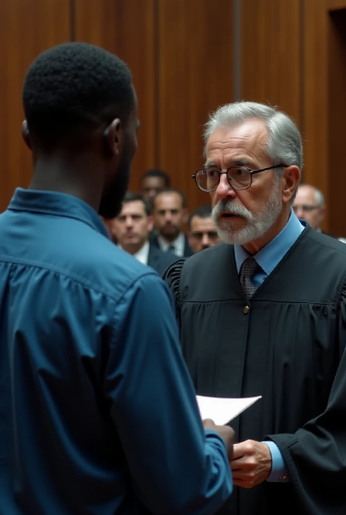 " A dramatic scene in a courtroom . A young black man ,  wearing a blue shirt ,  stands before an elderly judge with gray hair and glasses ,  who faces him with a serious expression while holding a document.  The court is filled with formally dressed spect...