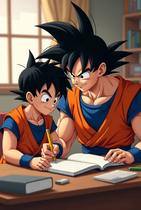 Goku holding a notebook helping Gohan with his homework