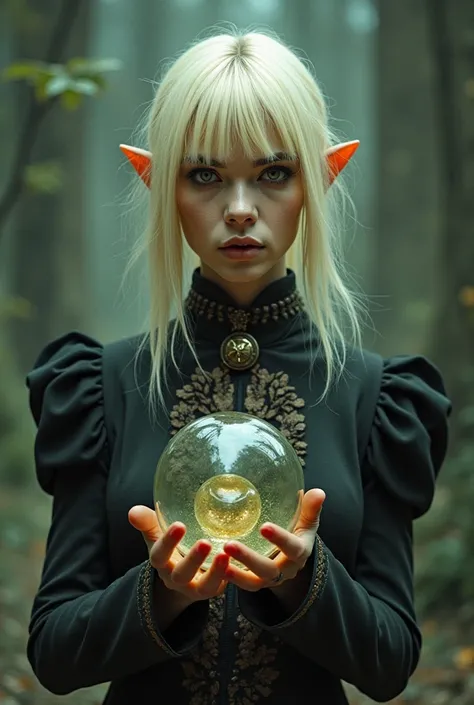 A quirky artistic picture of a blond woman dressed strangely , with strange feelings, A glass ball while mystical  