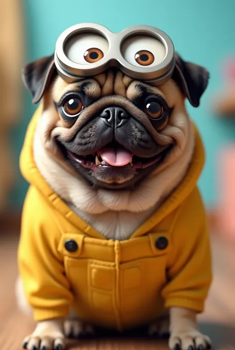 Abricot pug dog wearing costume from the Minions cartoon