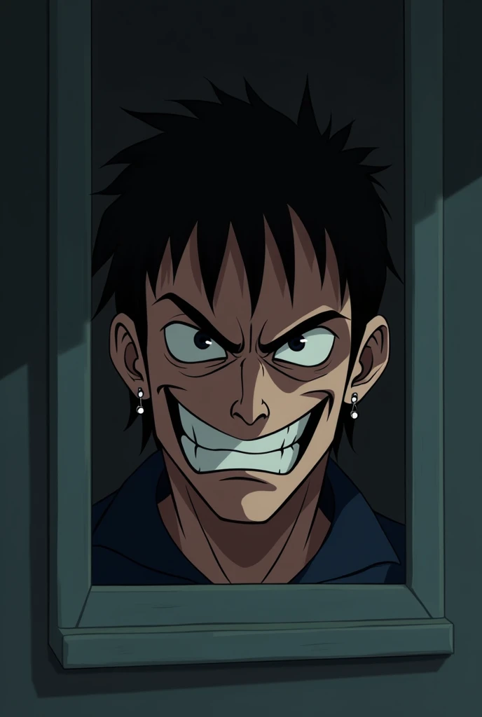 cartoon, male , cool, dark brown hair,  evil smile,  is just a face, wear earrings next door