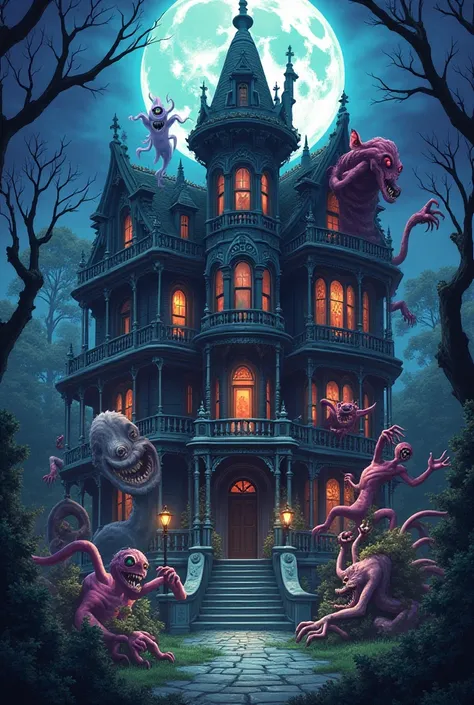 haunted house with monsters. (all monster fuckers) in anime art style