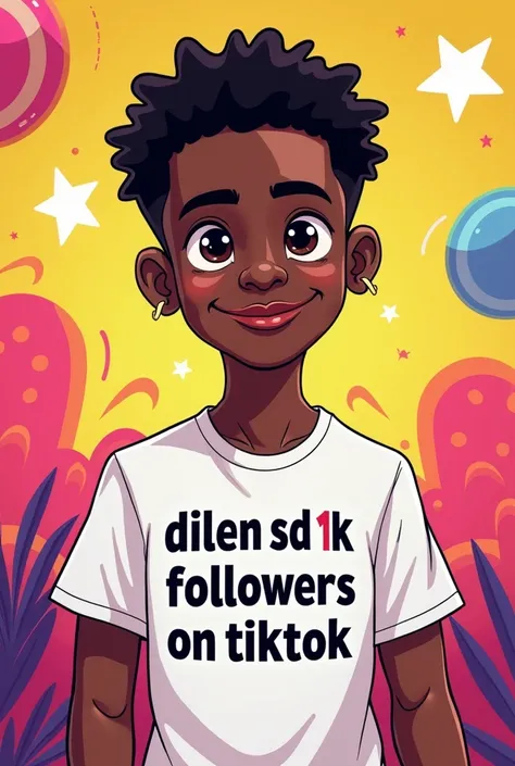 A 16-year-old black man wearing a shirt spelled Dilen SD 1k followers on TikTok,  cartoon