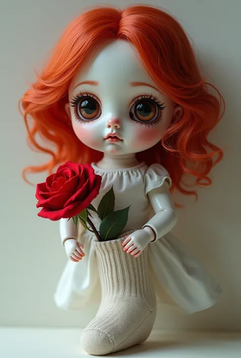 Create a red-haired porcelain doll with a nib in its eye and a red rose coming out of the sock