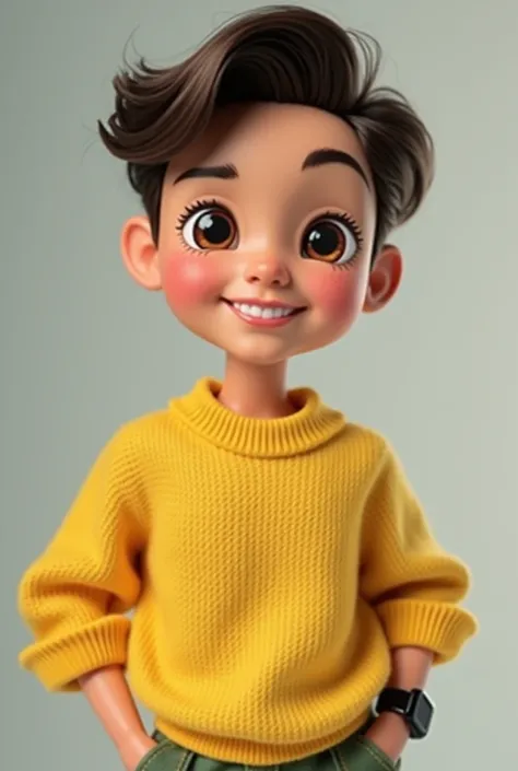 

 Disney doll inspired by a boyfriend :
	 • Height and posture :  short stature,  with a relaxed posture ,  slightly erect but with his hands tucked in his pockets ,  conveying comfort and confidence .
	• Face:  Her face is round and soft ,  with slightly...