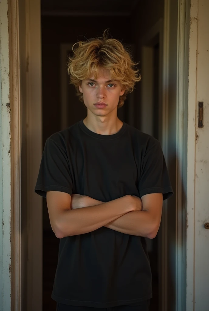 Boy, , dirty blond hair, average muscular body, light brown skin, leaning against the frame of a poor house's living room, arms crossed with an annoyed expression.His features are handsome and sharp.Face of a conscious and sharp person Wearing a black t-sh...