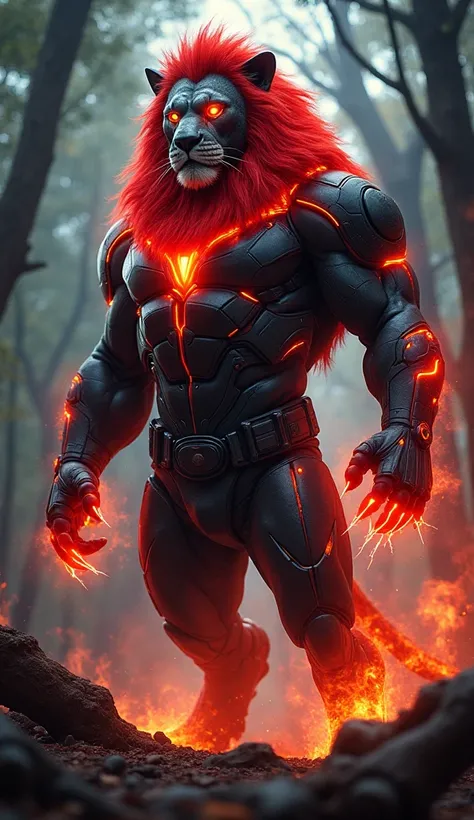 "A powerful fusion of a majestic lion and Cyclops from X-Men. The creature has the muscular, imposing build of a lion, with fur glowing in a vibrant mix of red and black. Its head features a sleek, high-tech visor covering one eye, emitting a powerful opti...