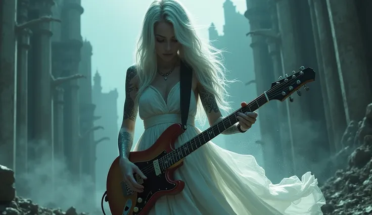  close camera from bottom to top , Close woman playing guitar , tattoo on arms,  white dress,  scenario gigantic castle destroyed giant statues destroyed, 3d, white aura,  white energy ,  during the dark night horror atmosphere 
