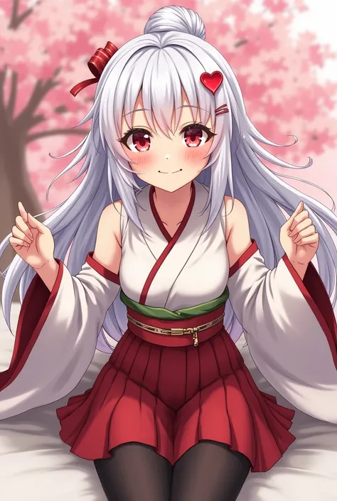 A minor girl,in age 17, wearing traditional kimono and black tights to cover her legs,heart hair clip,her hair is white,hair tied in a bun, her eyes are bright red but do not appear dangerous, just harmless, blushing,shy smile (2D,Anime)