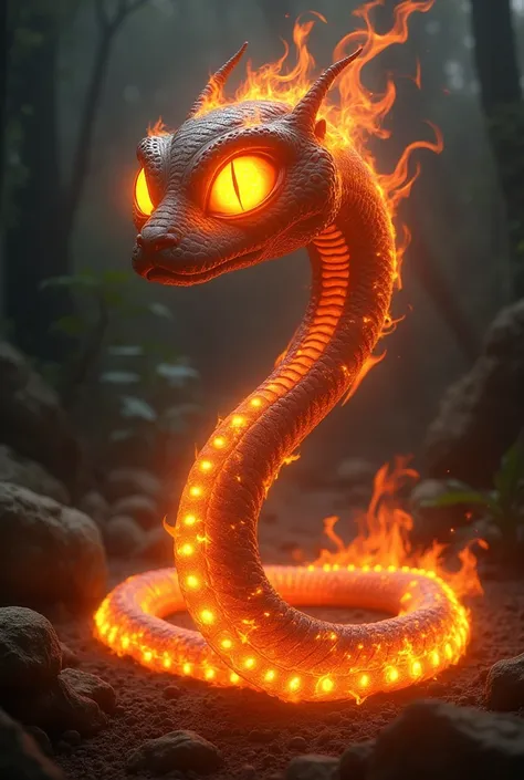  Boitatá monster from Brazilian legend that is a snake with bigger fiery eyes, More details and with more fire at the bottom put more eyes all over the body all on fire