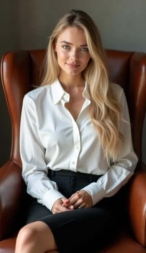  extremely beautiful Nordic woman,  model body ,  sitting on a leather armchair ,  long straight hair,  big natural tits ,  dressed in a white shirt fitted to the body and wide neckline,  pleasant facial expression , black pencil skirt,  office suit, natur...