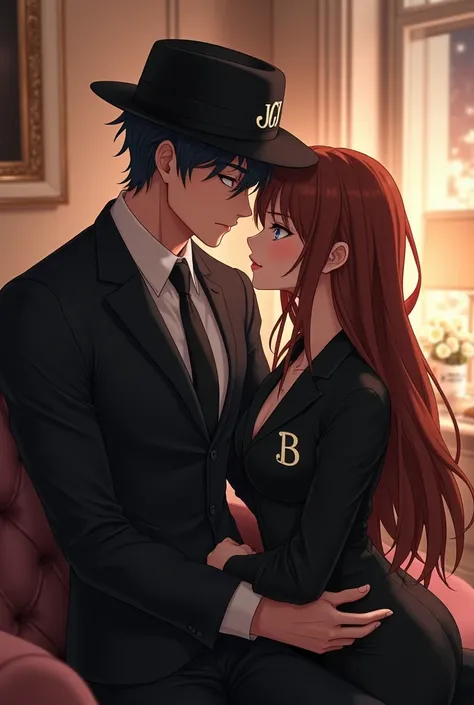 Anime couple 4d selfie in room
His hunk wears a black suit and wears a hat inscribed with the name J
Her chick wears a black suit with the name B