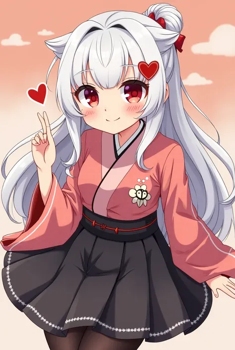 A minor girl,in age 17, wearing traditional kimono and black tights to cover her legs,heart hair clip,her hair is white,hair tied in a bun, her eyes are bright red but do not appear dangerous, just harmless, blushing,shy smile (2D,Anime)