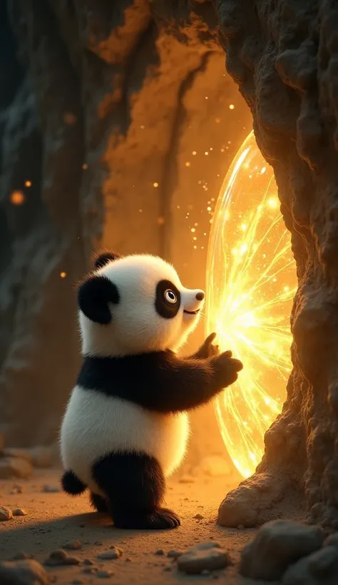 "With a determined expression, Bao the baby panda with his soft black and white fur stands before the cavern’s heart, his round black patches reflecting the faint golden glow. His small paws are pressed against the crystal, and a soft aura of golden light ...