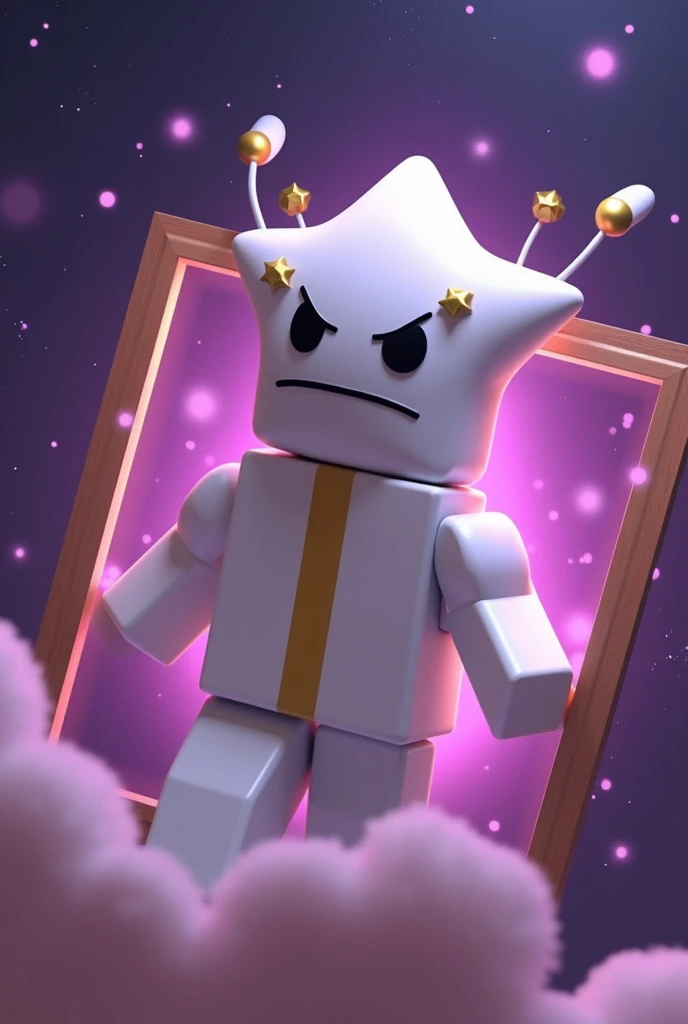 "A humanoid Roblox avatar with a white and gold color scheme, featuring a blocky body. The torso has a golden vertical stripe down the center. Instead of a typical head, the avatar has a floating white creature resembling a star with black eyes and angry e...