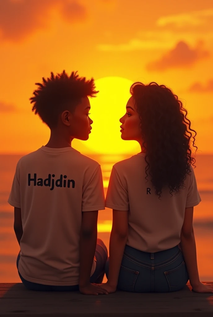 Create an image where a black boy is wearing a T-shirt is written Hadjidin with a woman sitting next to her her name is R they are watching the sunset 