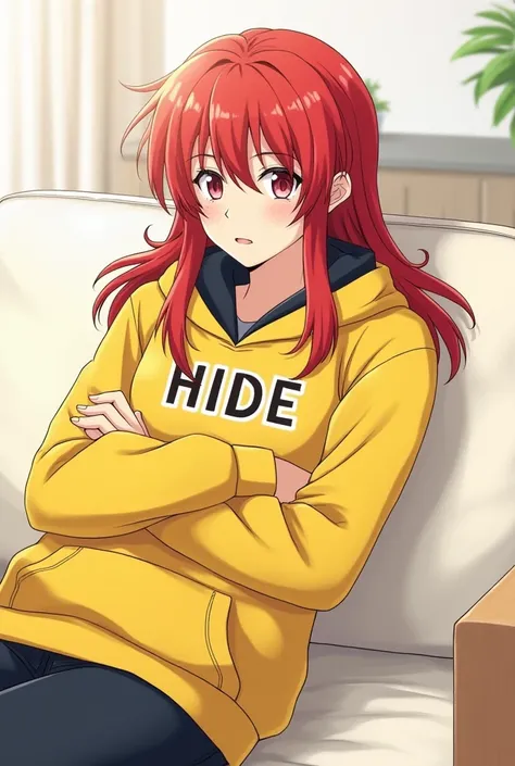 Please draw a Japanese animation showing a teenage boy with long hair and red hair in X Japan Matsumoto Hideto's hairstyle with a relaxed expression on a white sofa with a yellow hoodie with HIDE written on it