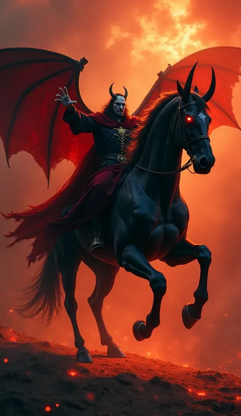 " A darkly looking demonic figure rides an imposing black horse in a hellish setting. The being has pale skin ,  intense eyes and a menacing look .  He wears a red and black robe ,  with a flowing robe , gold details on the outfit,  and its posture transmi...