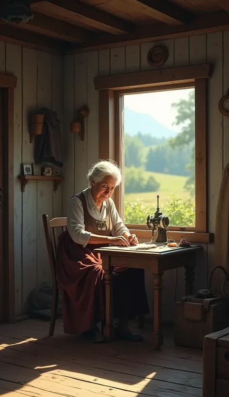  A photo of a house in the countryside, She comes humble and a grandmother sitting at the table sewing , A humble house ,very real