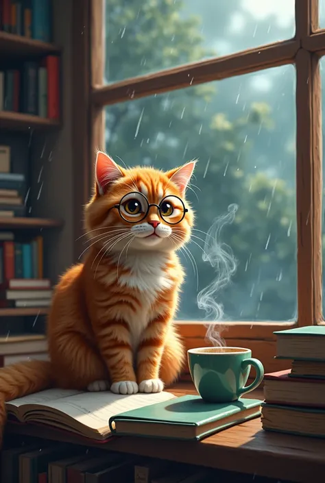 Create an image for lo-fi videos, Of a Persian cat studying in a bookstore in front of a window where it's raining,  on its side it has a cup of coffee that keeps coming out smoke, The cat has round glasses and in itself there are many books thrown 