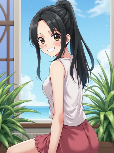  high resolution,  high resolution,  Details,  illustration 、 Masterpiece, Back view of beautiful dark-haired woman,  ponytail,  One Piece, big , Hotel-like interior, Little foliage plants ,  blue sky,  she's smiling so happily .