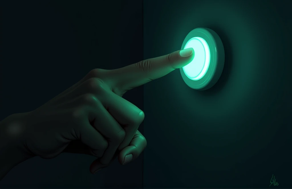 Create an image with this reference one finger pressing the button on the wall with a dark background, Male finger and button with green or blue neon light when pressing