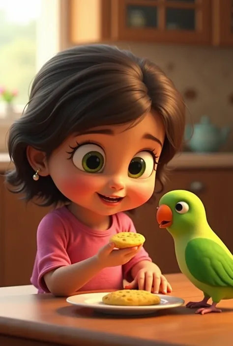 The  baby girl with big green eyes and brown hair, wearing a pink dress, sitting at a table with a plate of roti, feeding Mithu the parrot from her hand. Mithu, a small vibrant green parrot, eats joyfully. The setting is in a cozy kitchen with sunlight com...