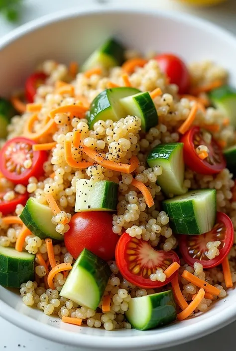 a realistic Quinoa Salad with Vegetables. the ingredients are: quinoa, cucumber, tomato, shredded carrot, olive oil, lemon juice, salt, and pepper.

