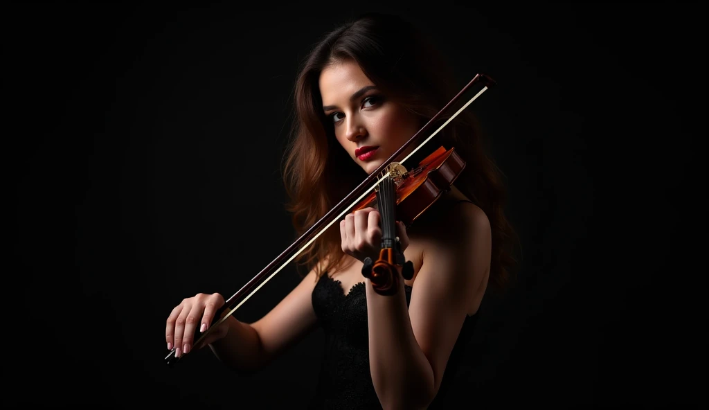 sexy girl playing violin, dark black background