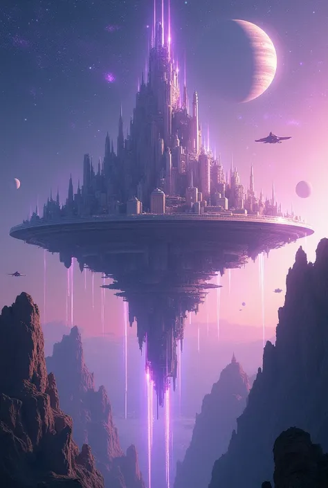 (( Great work of art )),   best quality , (8k,   best quality ,  Great painting :1.2),  super-fine details, clarification,  big imaginary city , Science fiction,  heavenly city ,  floating city ,  many planets in the sky, ,  heavenly architecture ,  violet...