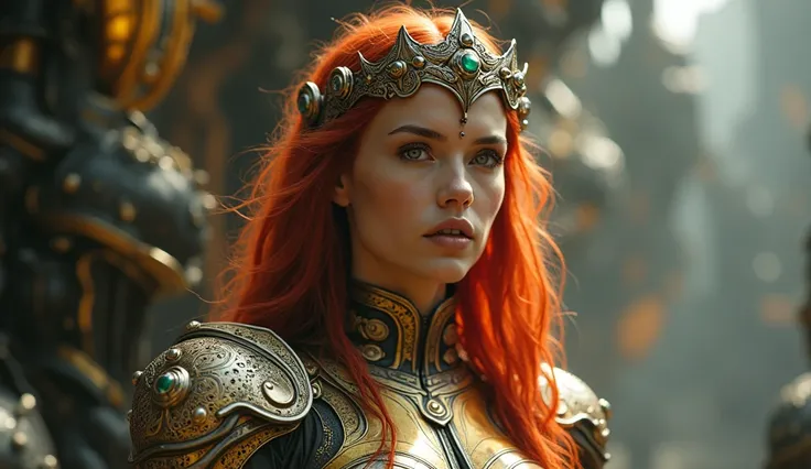 " A majestic, ethereal figure with loose red hair adorned with an intricate metallic headdress is found in a futuristic environment.  Her attire is a mix of elegance and advanced technology ,  with detailed armor with gold details and delicate patterns .  ...