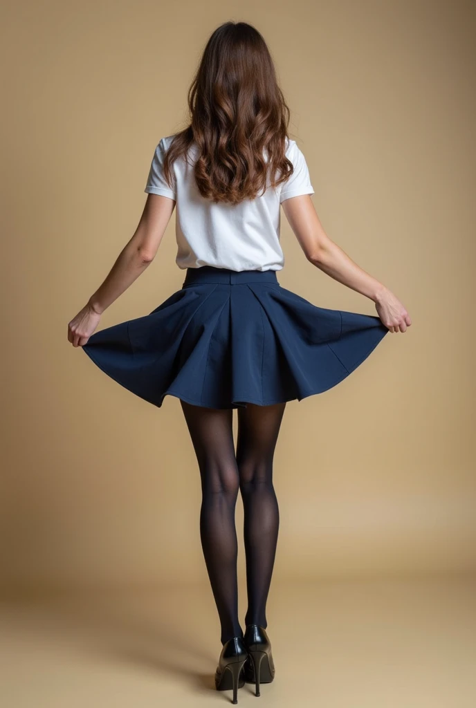 A schoolgirl in tights and heels raised her skirt and showed off her panties