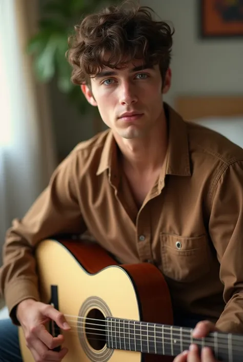 Portrait of a 25-year-old man , high, with light green eyes, no beard, very short dark brown and semi-curled hair,  wearing an oversized brown shirt . He is sitting on a bed in a room illuminated by natural afternoon light,  holding a cream guitar in his h...