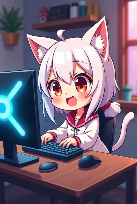 Animated chibi catgirl playing game on her pc 